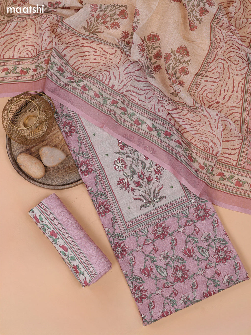 Pastel Pink and Biege Linen Cotton Dress Material With Floral Prints & Embroidery Work Neck Pattern and Bottom & Dupatta