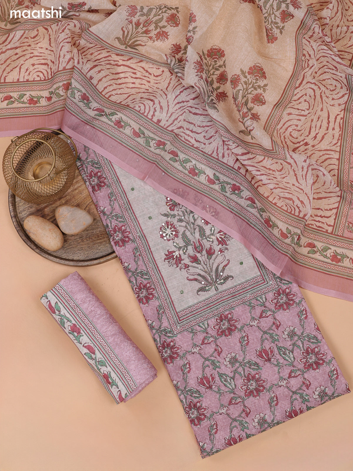 Pastel Pink and Biege Linen Cotton Dress Material With Floral Prints & Embroidery Work Neck Pattern and Bottom & Dupatta