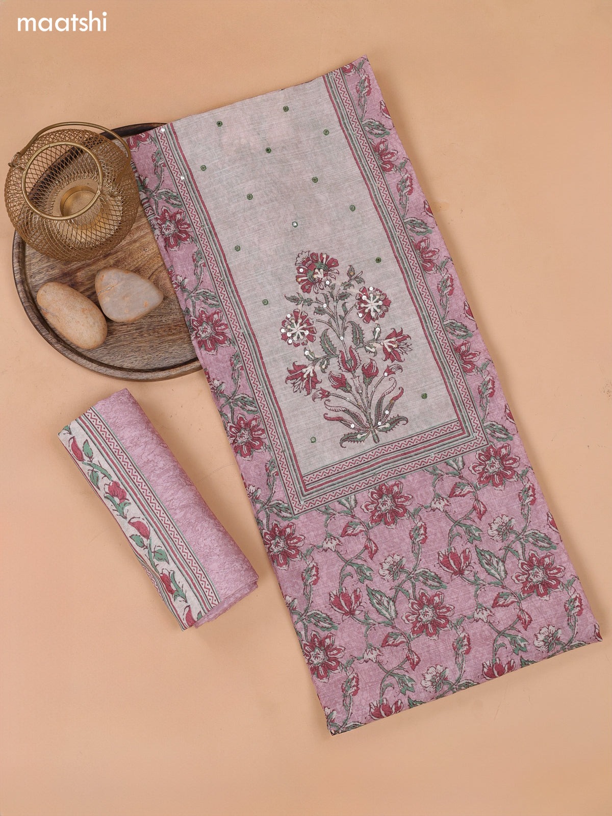 Pastel Pink and Biege Linen Cotton Dress Material With Floral Prints & Embroidery Work Neck Pattern and Bottom & Dupatta