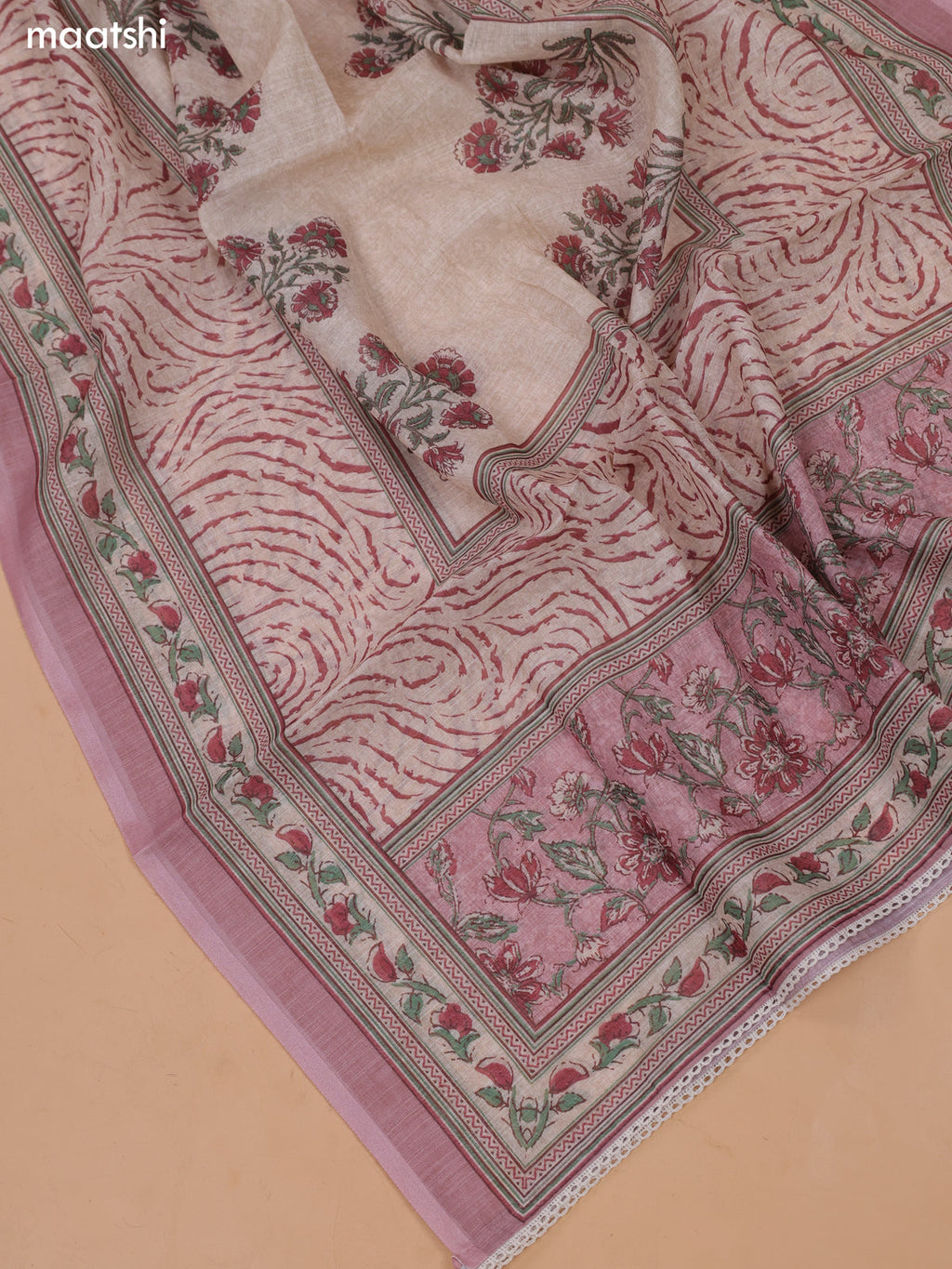 Pastel Pink and Biege Linen Cotton Dress Material With Floral Prints & Embroidery Work Neck Pattern and Bottom & Dupatta