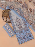 Pastel Blue and Biege Linen Cotton Dress Material With Floral Prints & Embroidery Work Neck Pattern and Bottom & Dupatta