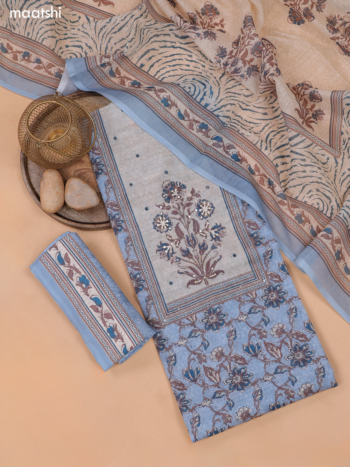 Pastel Blue and Biege Linen Cotton Dress Material With Floral Prints & Embroidery Work Neck Pattern and Bottom & Dupatta