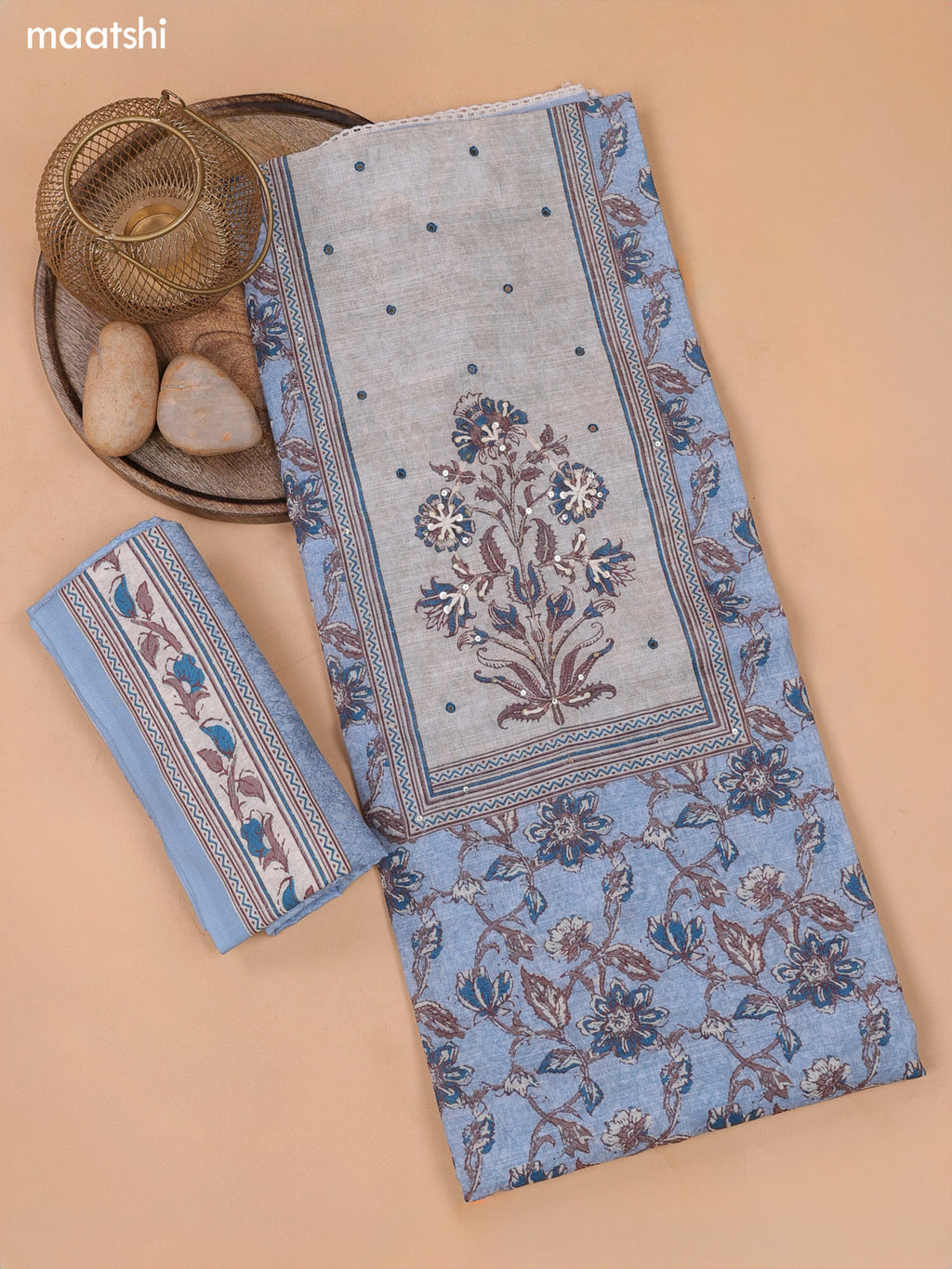 Pastel Blue and Biege Linen Cotton Dress Material With Floral Prints & Embroidery Work Neck Pattern and Bottom & Dupatta