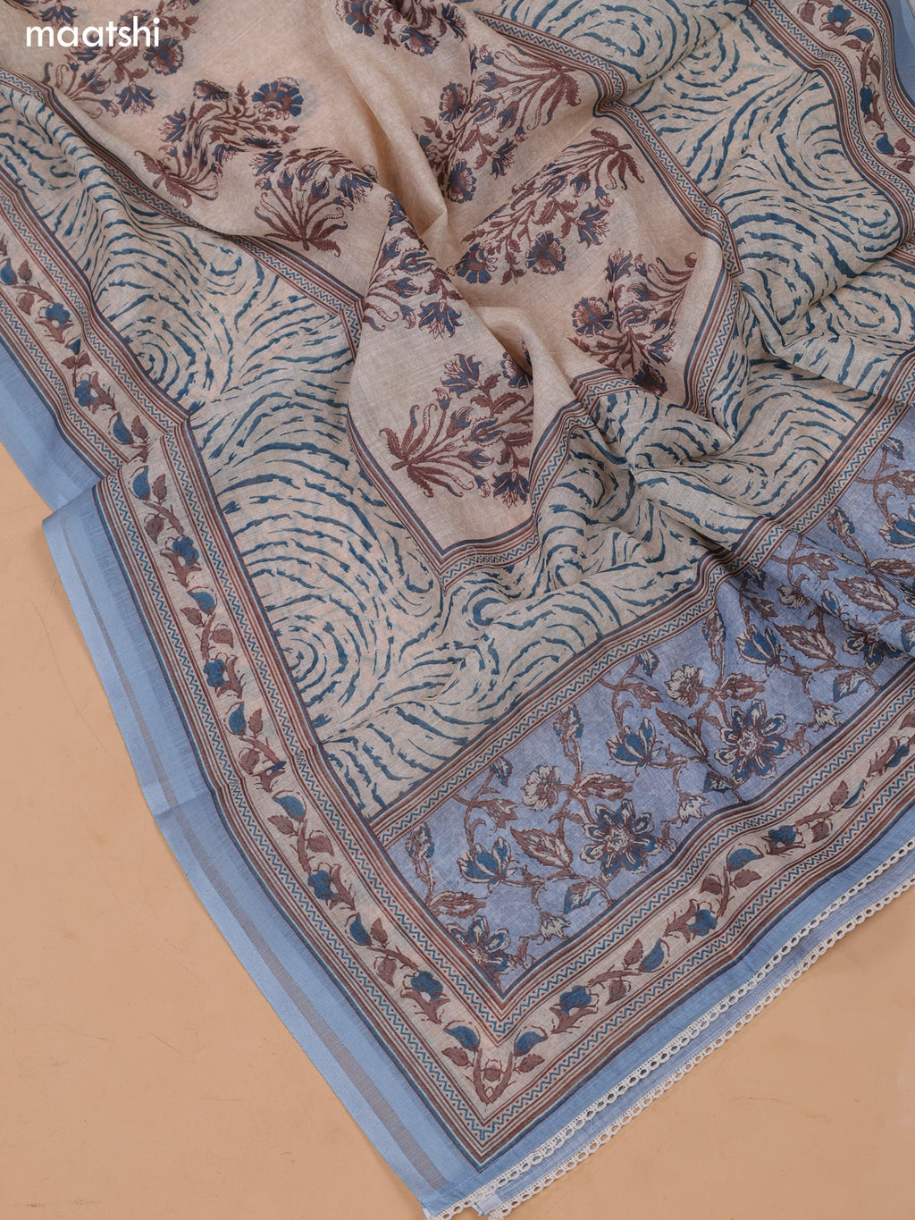 Pastel Blue and Biege Linen Cotton Dress Material With Floral Prints & Embroidery Work Neck Pattern and Bottom & Dupatta