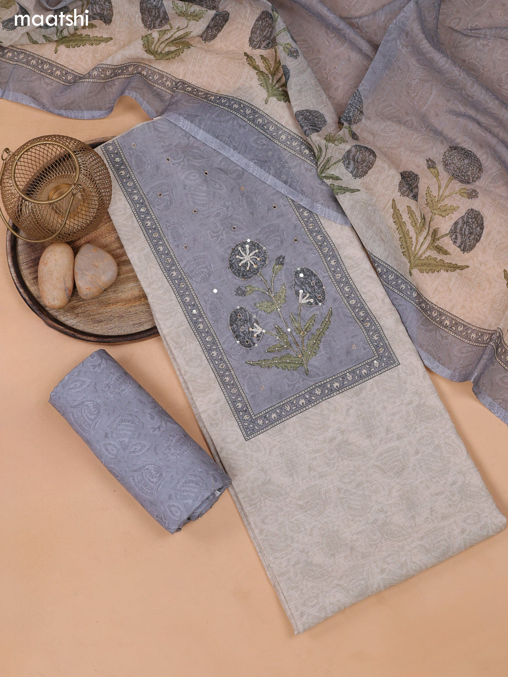 Biege and Grey Linen Dress Material With Floral Prints & Embroidery Work Neck Pattern and Bottom & Dupatta