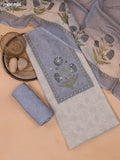 Biege and Grey Linen Dress Material With Floral Prints & Embroidery Work Neck Pattern and Bottom & Dupatta