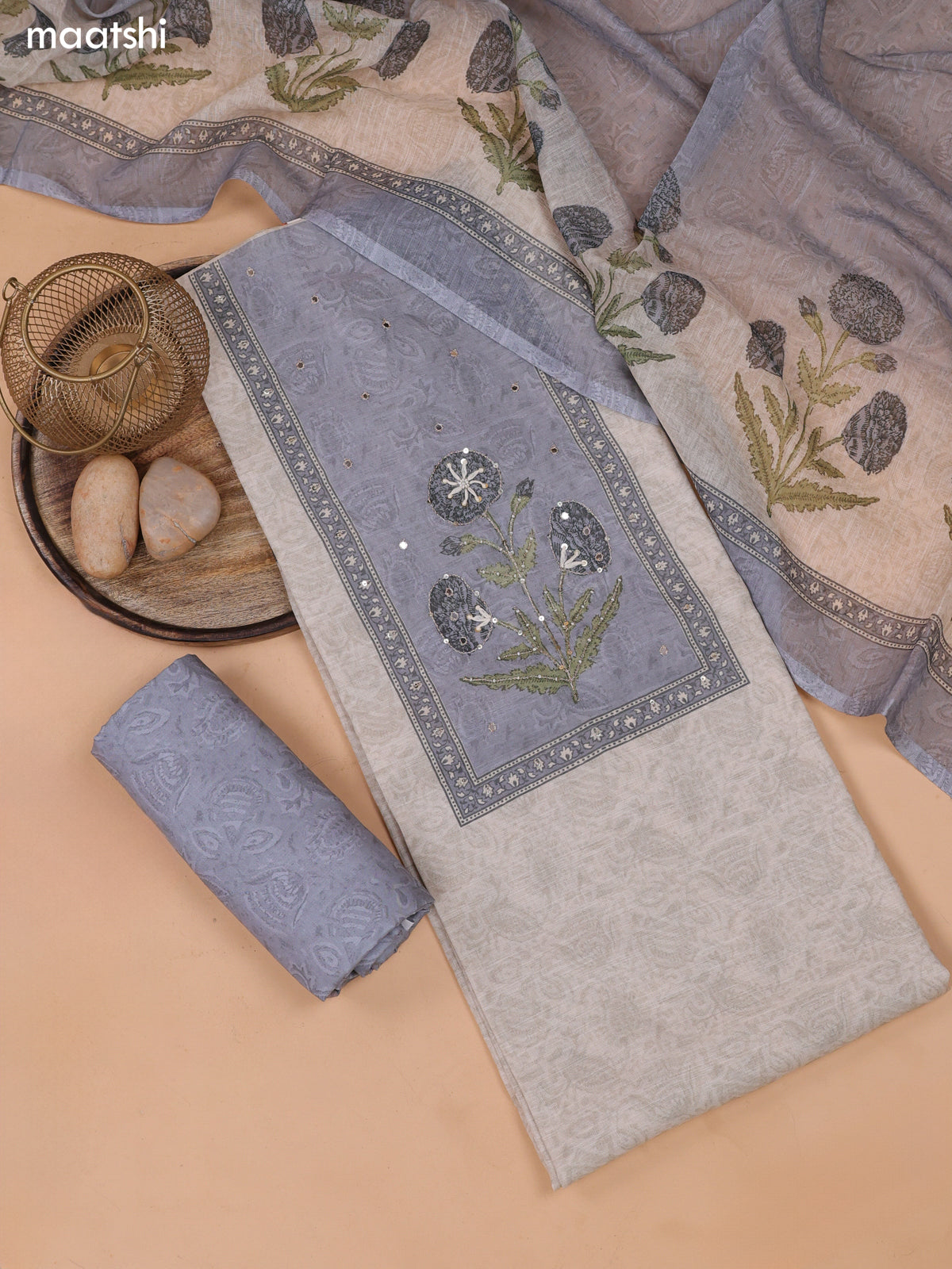 Biege and Grey Linen Dress Material With Floral Prints & Embroidery Work Neck Pattern and Bottom & Dupatta