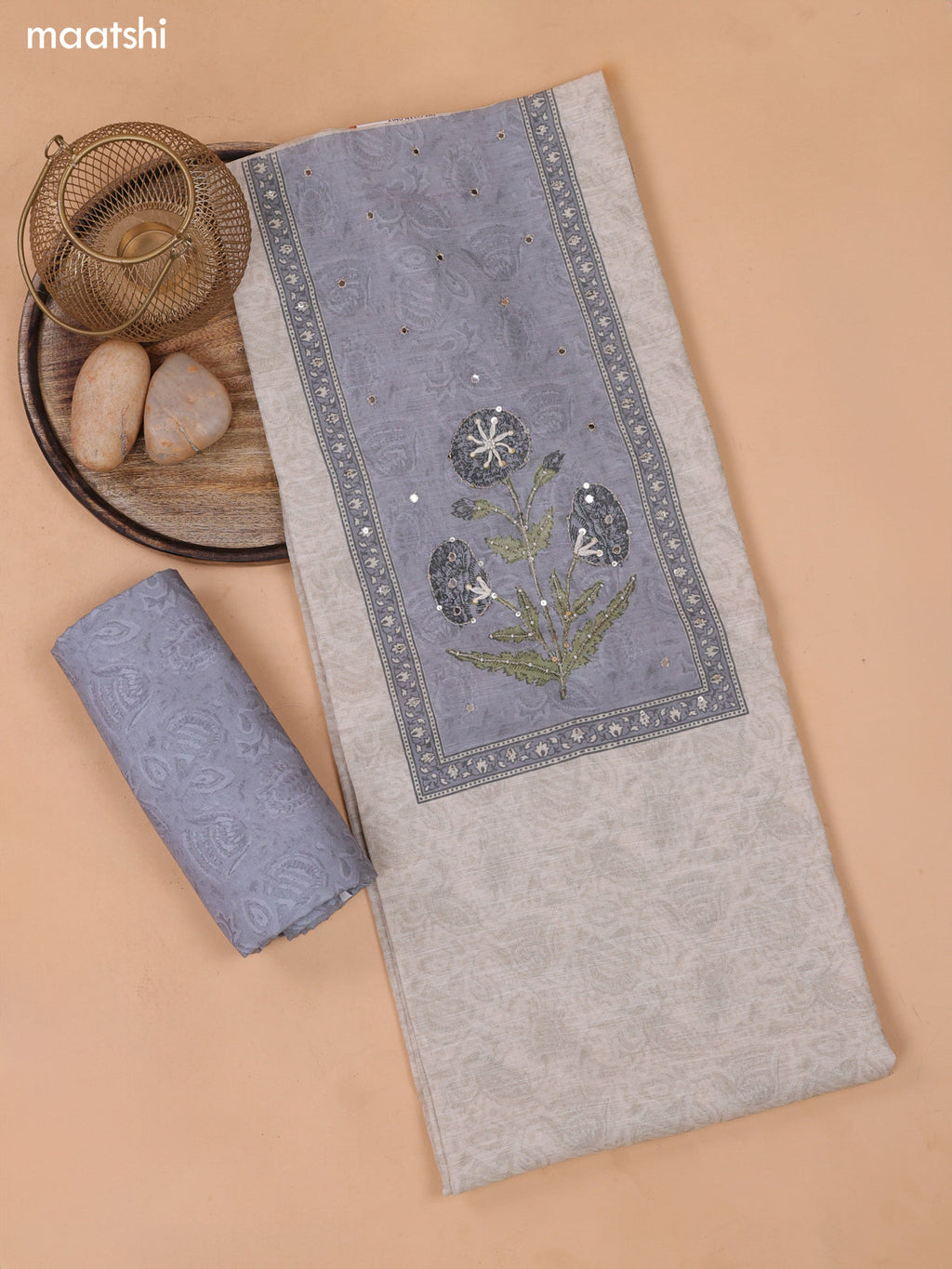 Biege and Grey Linen Dress Material With Floral Prints & Embroidery Work Neck Pattern and Bottom & Dupatta