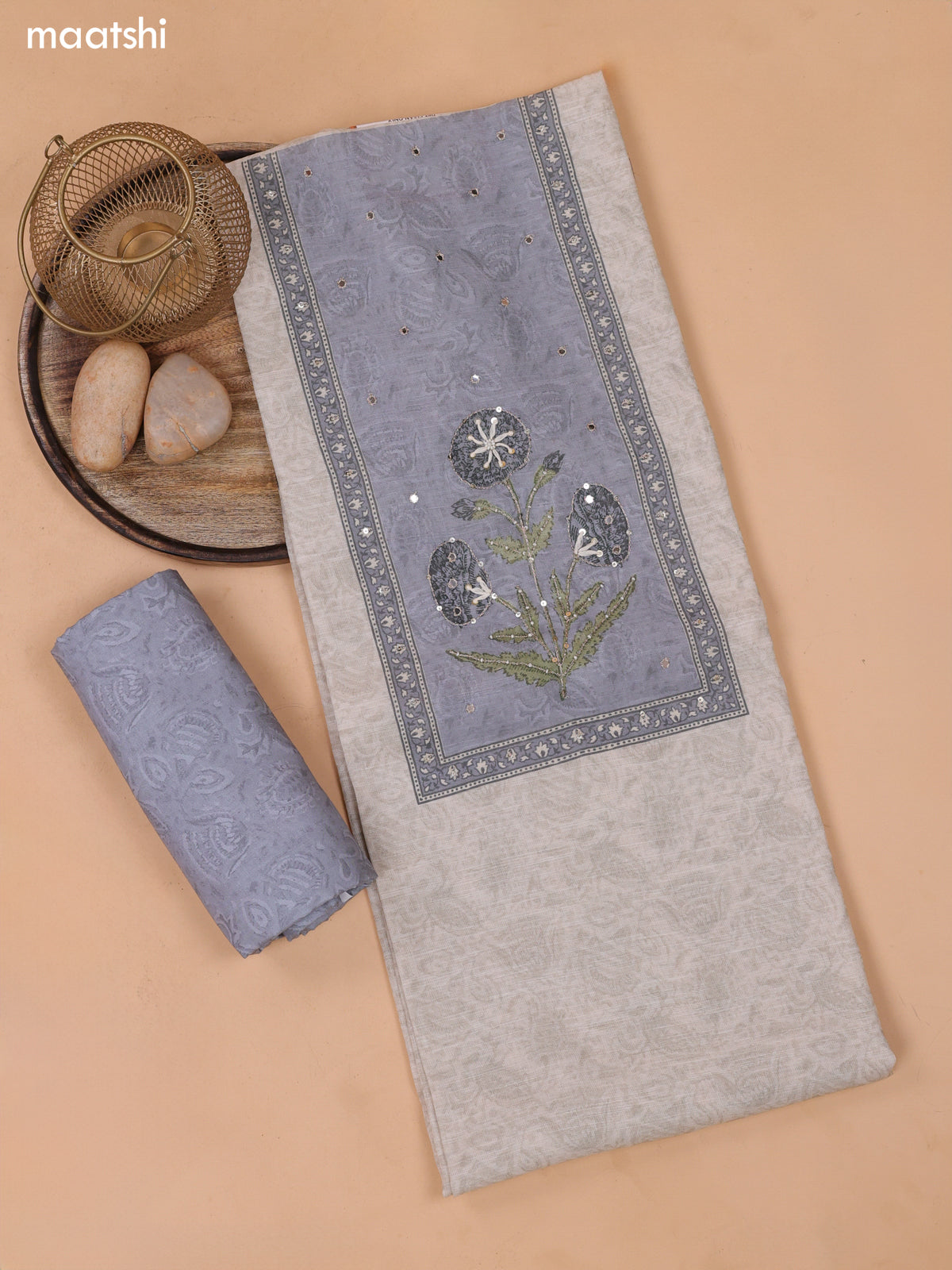Biege and Grey Linen Dress Material With Floral Prints & Embroidery Work Neck Pattern and Bottom & Dupatta