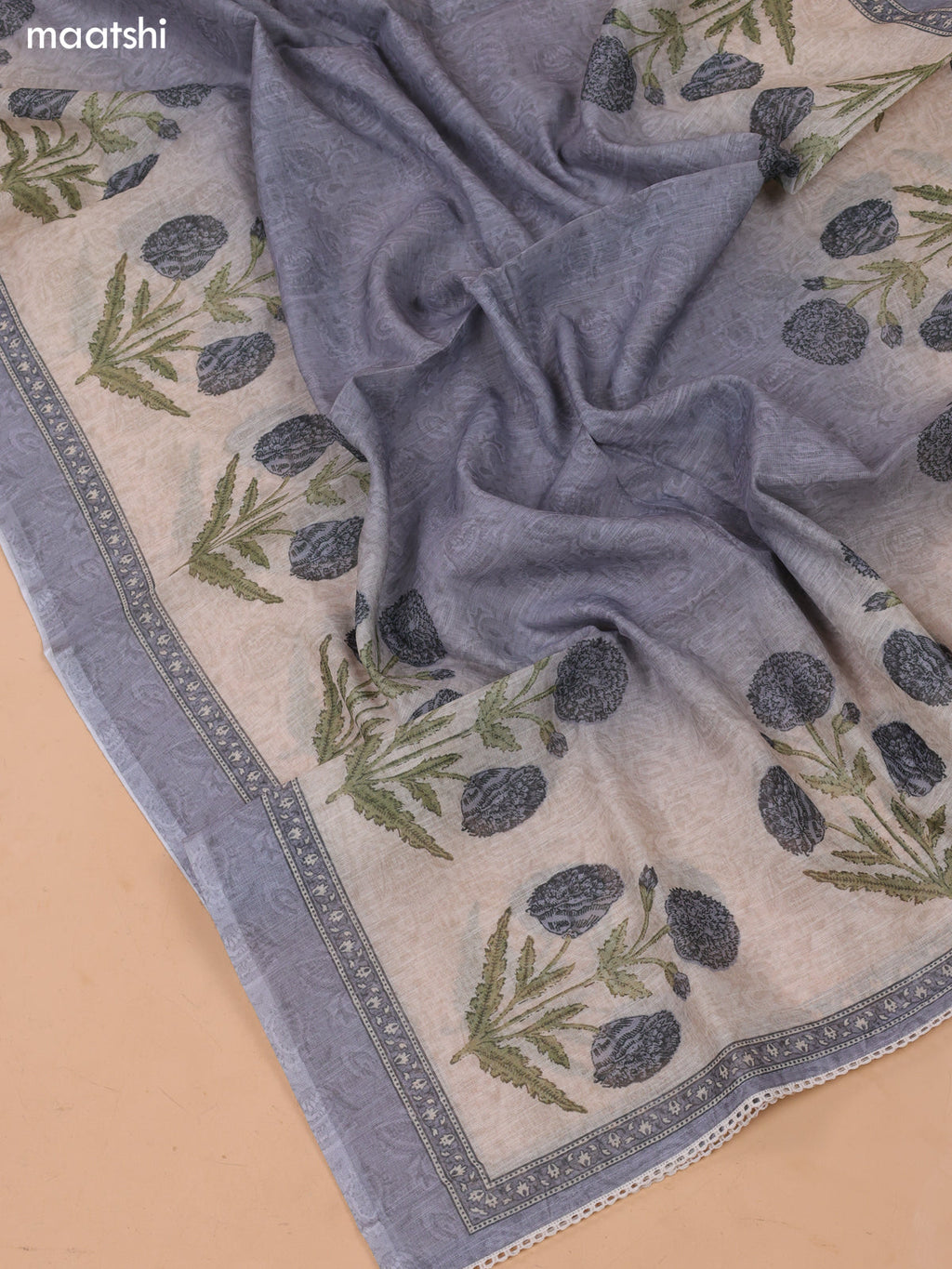 Biege and Grey Linen Dress Material With Floral Prints & Embroidery Work Neck Pattern and Bottom & Dupatta