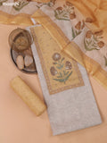 Biege and Mustard Yellow Linen Dress Material With Floral Prints & Embroidery Work Neck Pattern and Bottom & Dupatta