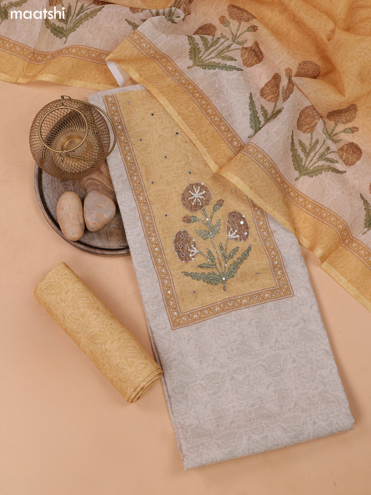 Biege and Mustard Yellow Linen Dress Material With Floral Prints & Embroidery Work Neck Pattern and Bottom & Dupatta