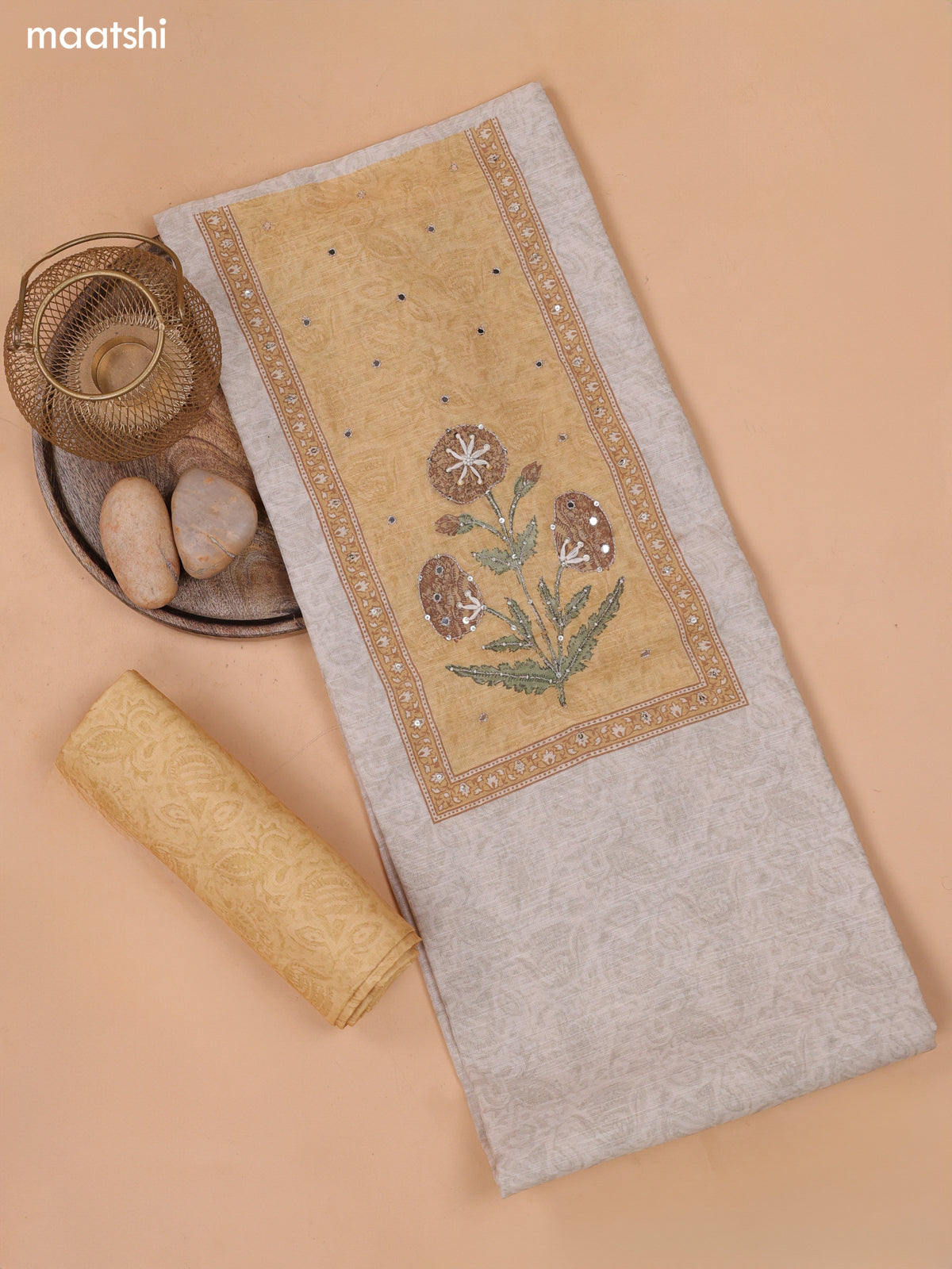 Biege and Mustard Yellow Linen Dress Material With Floral Prints & Embroidery Work Neck Pattern and Bottom & Dupatta