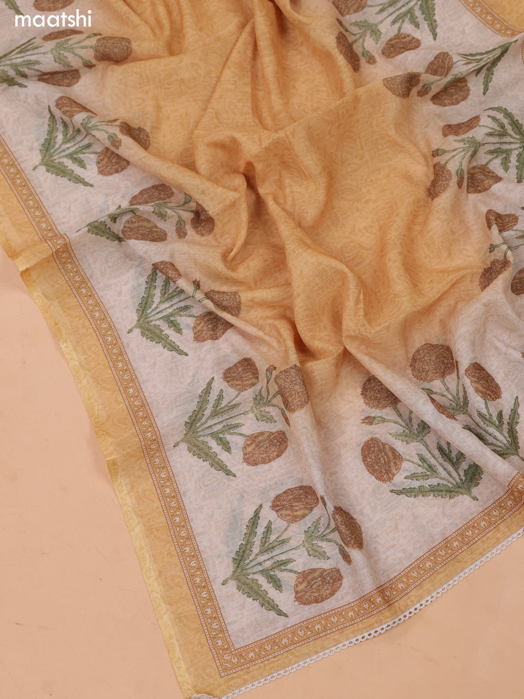 Biege and Mustard Yellow Linen Dress Material With Floral Prints & Embroidery Work Neck Pattern and Bottom & Dupatta