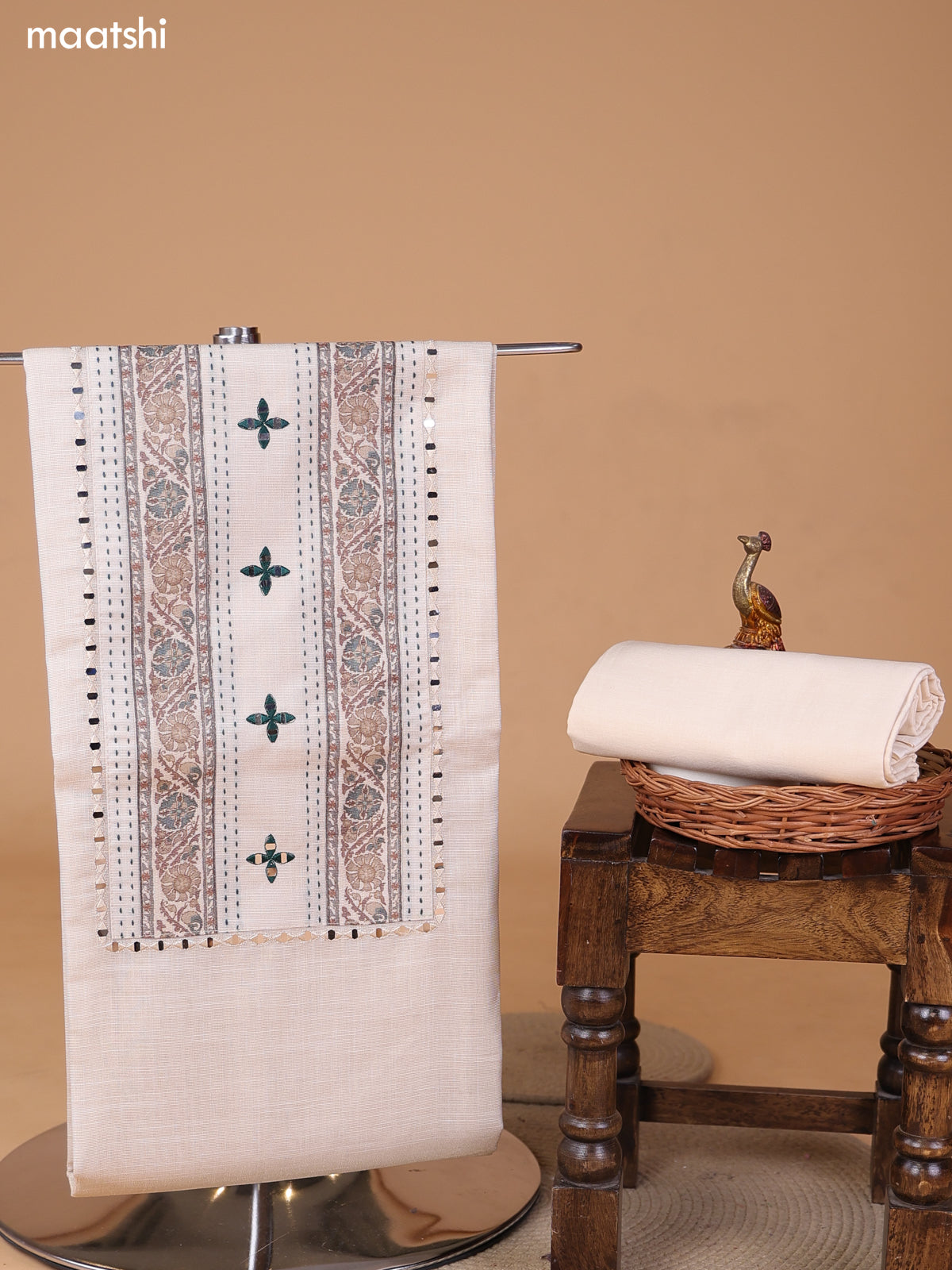 Biege and Sap Green Tissue Linen Dress Material With Floral Prints & Embroidery Work Neck Pattern and Bottom & Duptta