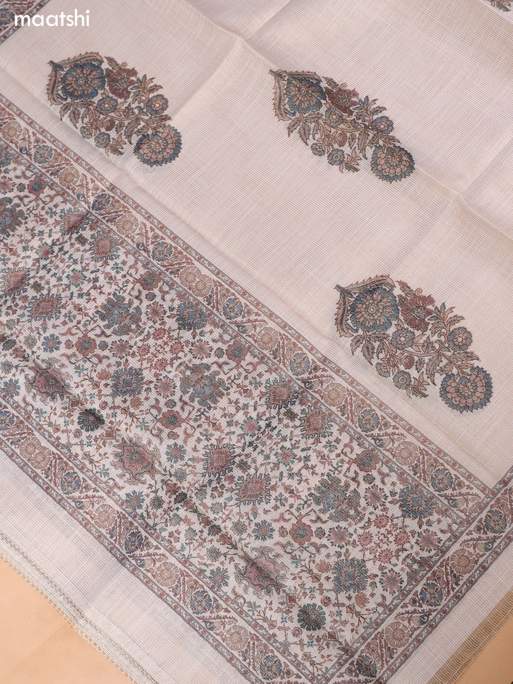 Biege and Sap Green Tissue Linen Dress Material With Floral Prints & Embroidery Work Neck Pattern and Bottom & Duptta
