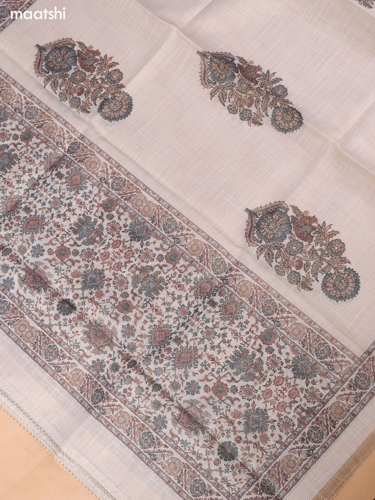Biege and Sap Green Tissue Linen Dress Material With Floral Prints & Embroidery Work Neck Pattern and Bottom & Duptta