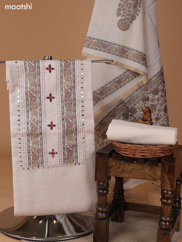 Biege and Maroon Tissue Linen Dress Material With Floral Prints & Embroidery Work Neck Pattern and Bottom & Duptta