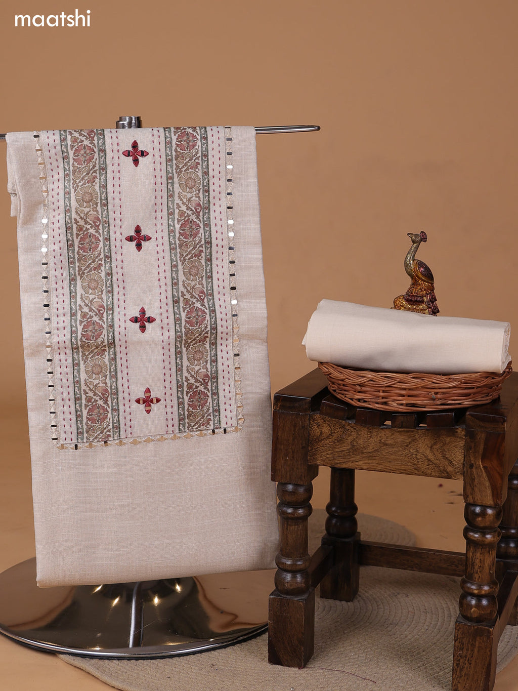 Biege and Maroon Tissue Linen Dress Material With Floral Prints & Embroidery Work Neck Pattern and Bottom & Duptta