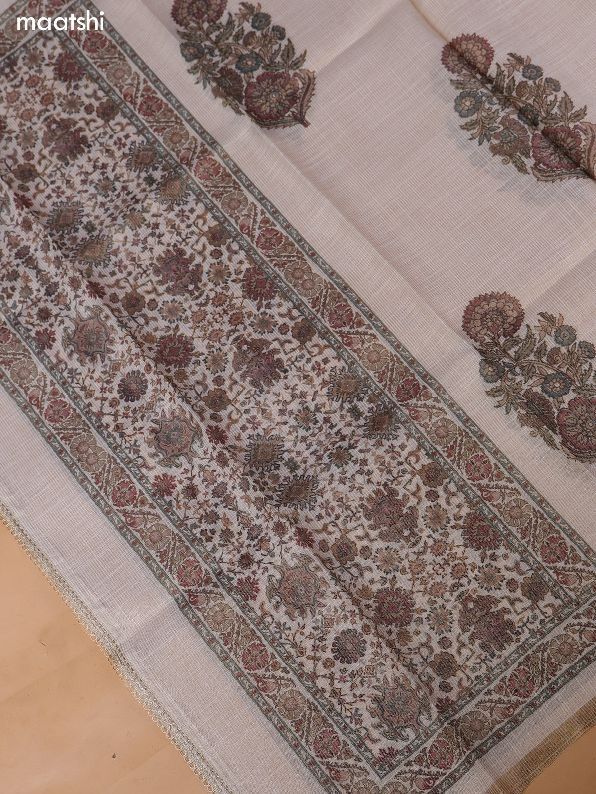 Biege and Maroon Tissue Linen Dress Material With Floral Prints & Embroidery Work Neck Pattern and Bottom & Duptta