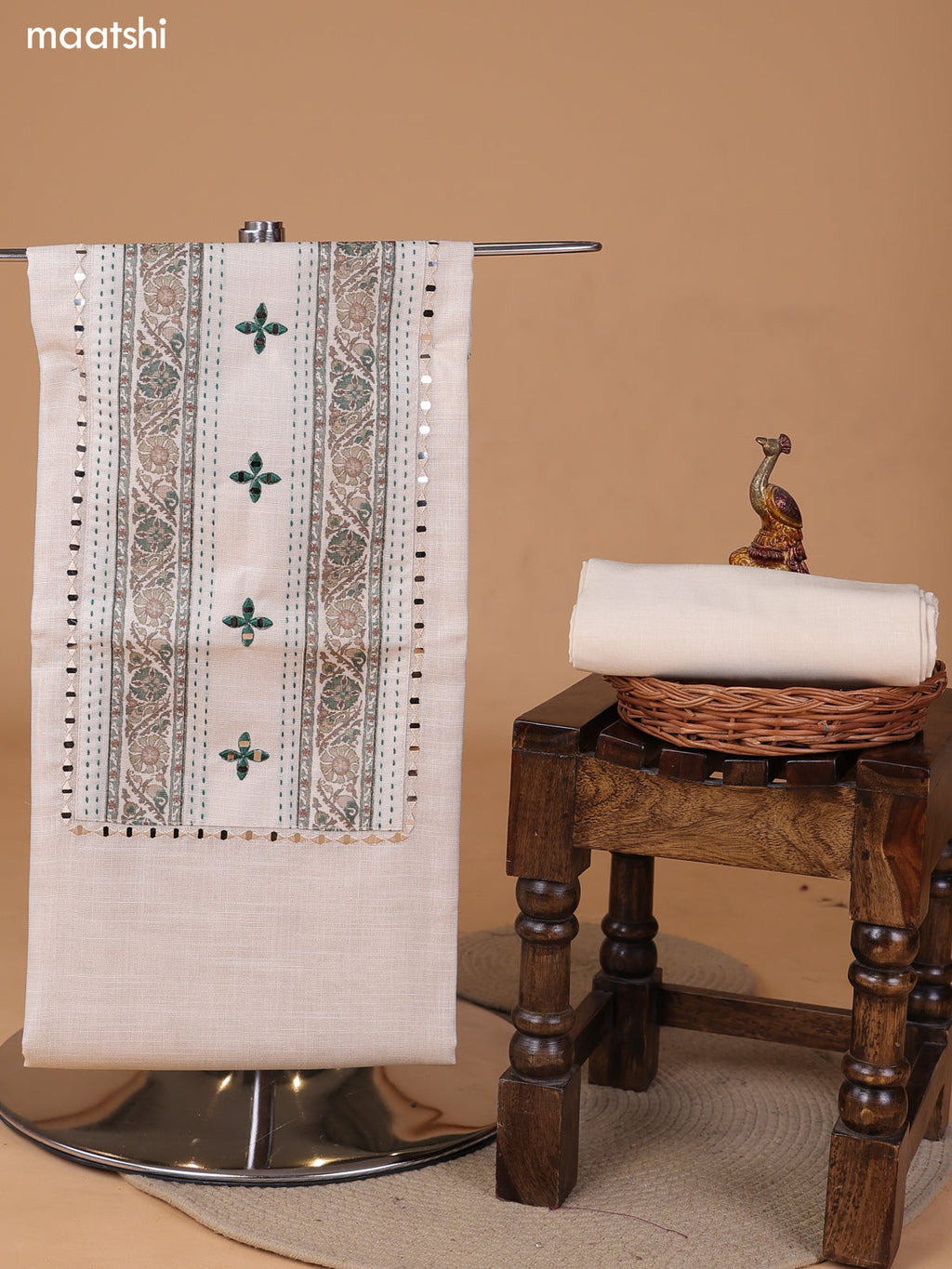 Biege and Sap Green Tissue Linen Dress Material With Floral Prints & Embroidery Work Neck Pattern and Bottom & Duptta