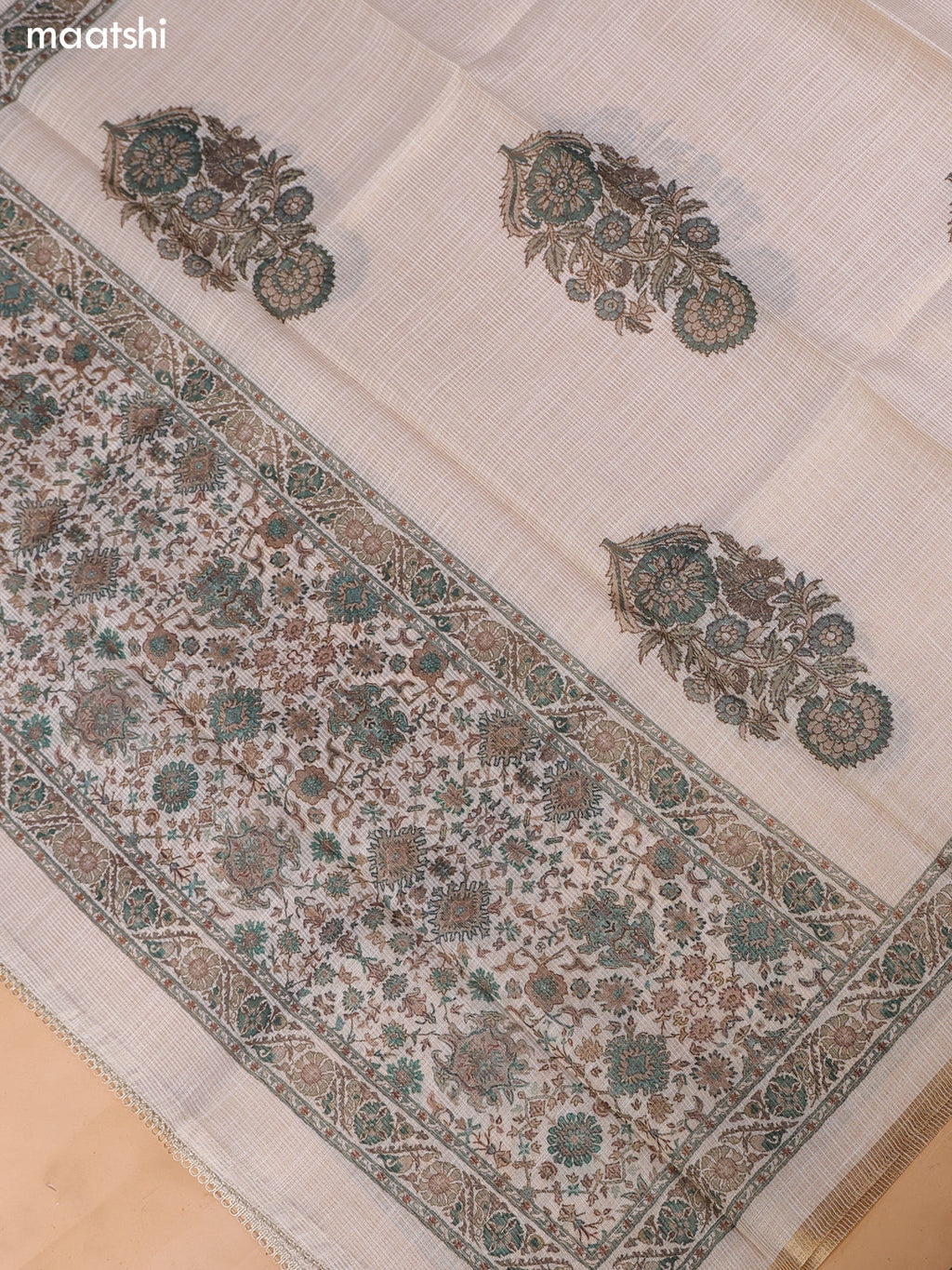 Biege and Sap Green Tissue Linen Dress Material With Floral Prints & Embroidery Work Neck Pattern and Bottom & Duptta