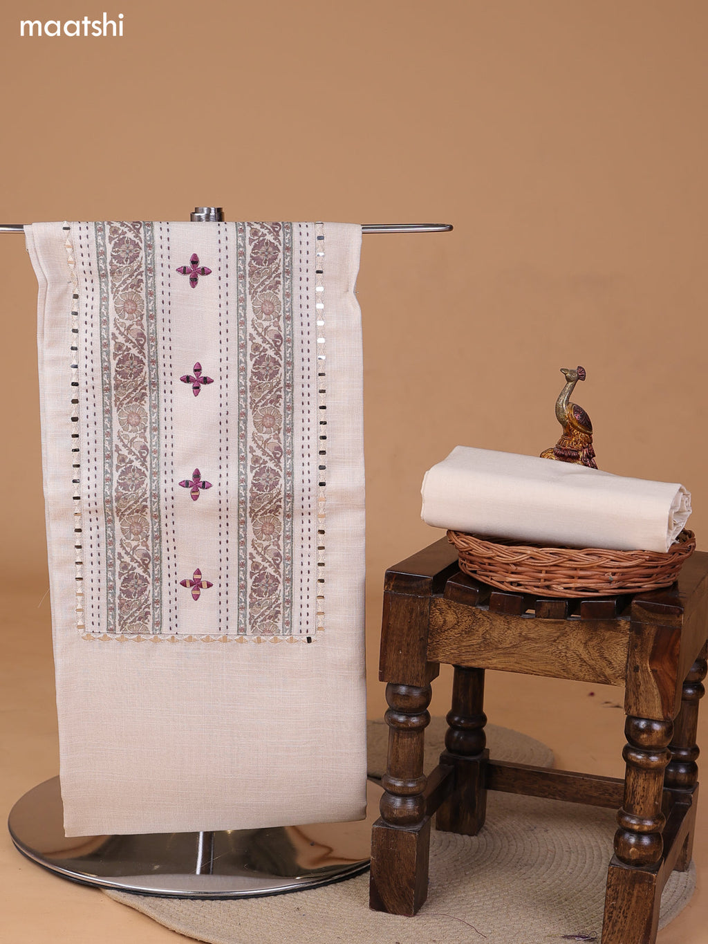 Biege and Maroon Tissue Linen Dress Material With Floral Prints & Embroidery Work Neck Pattern and Bottom & Duptta
