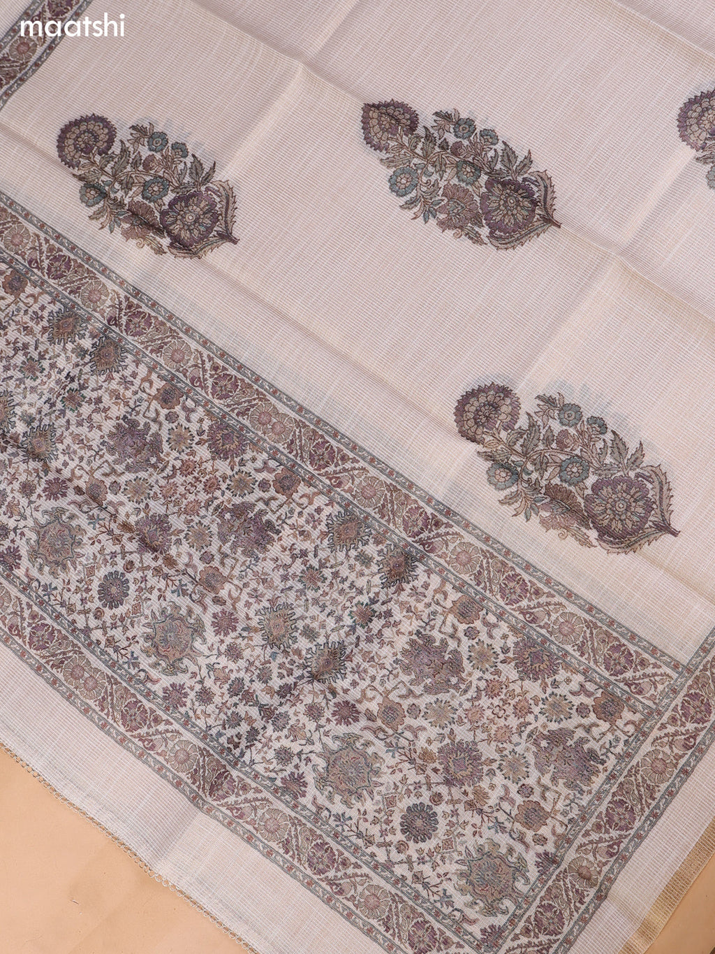 Biege and Maroon Tissue Linen Dress Material With Floral Prints & Embroidery Work Neck Pattern and Bottom & Duptta