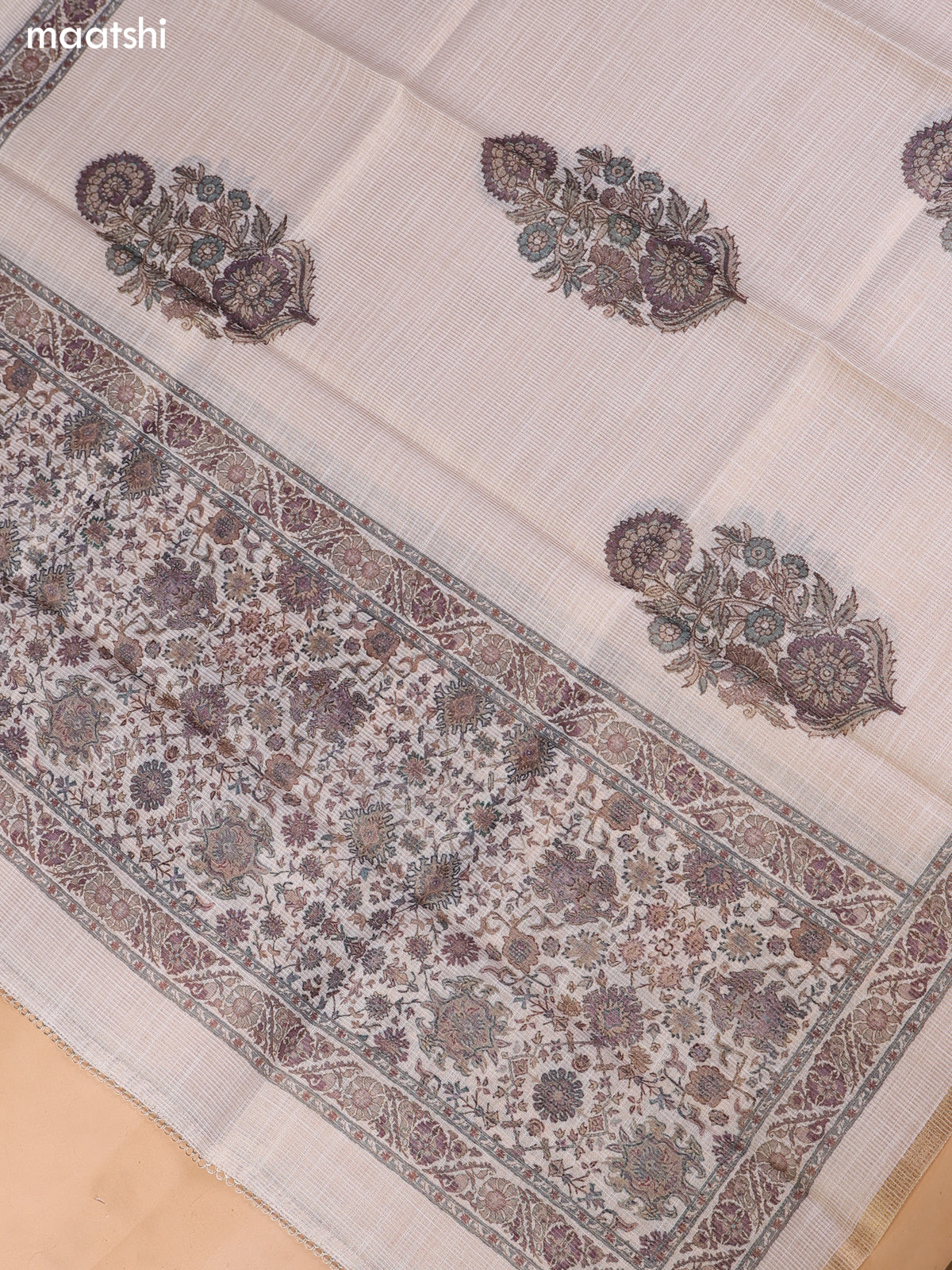 Biege and Maroon Tissue Linen Dress Material With Floral Prints & Embroidery Work Neck Pattern and Bottom & Duptta