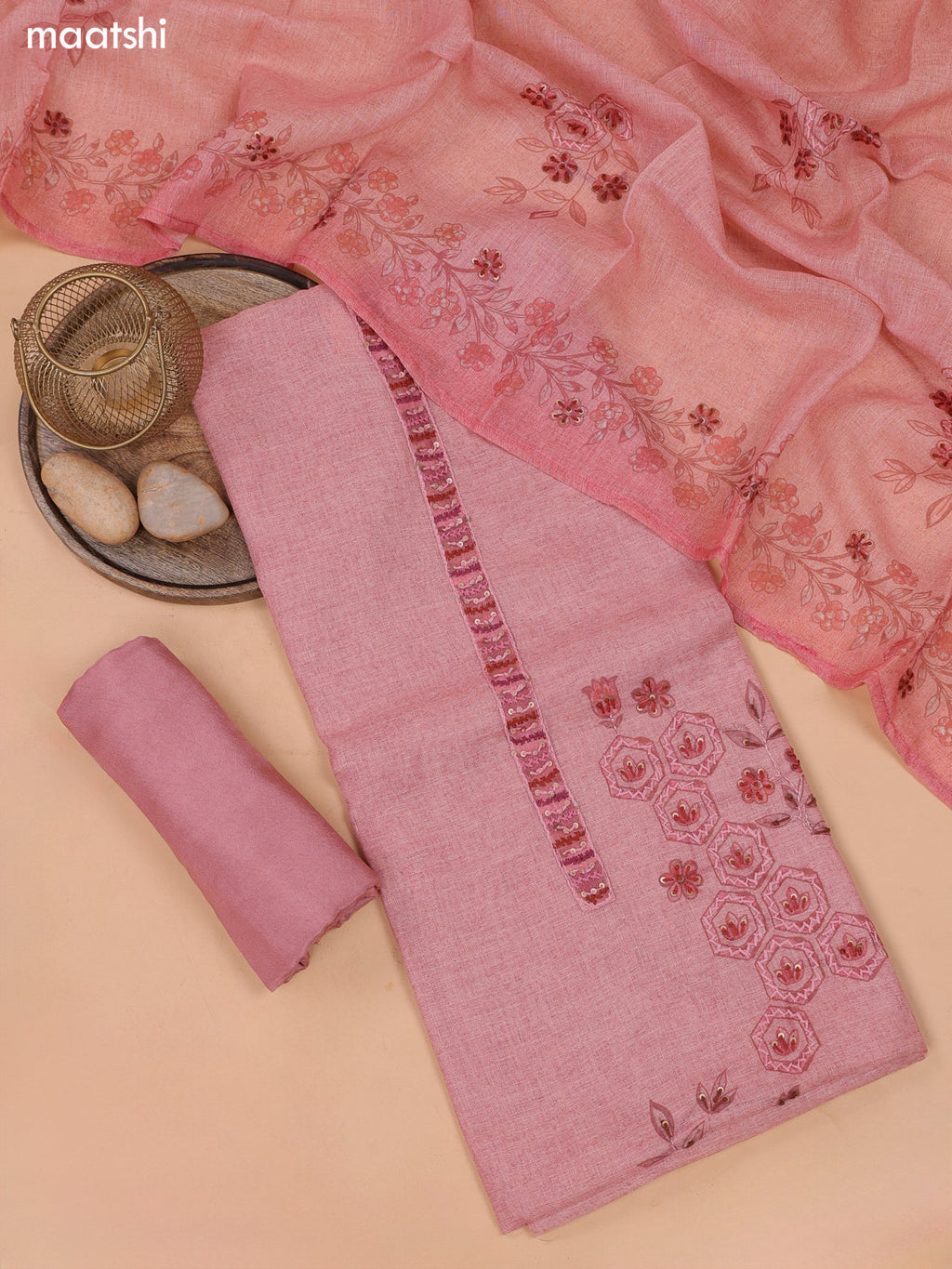 Peach Pink Linen Dress Material With Floral Prints & Simple Embroidery and Bottom & Zari Dupatta