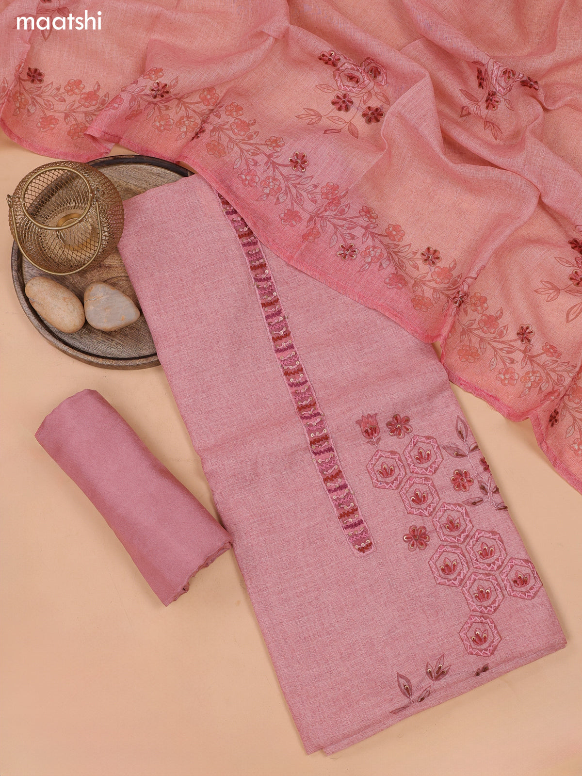 Peach Pink Linen Dress Material With Floral Prints & Simple Embroidery and Bottom & Zari Dupatta