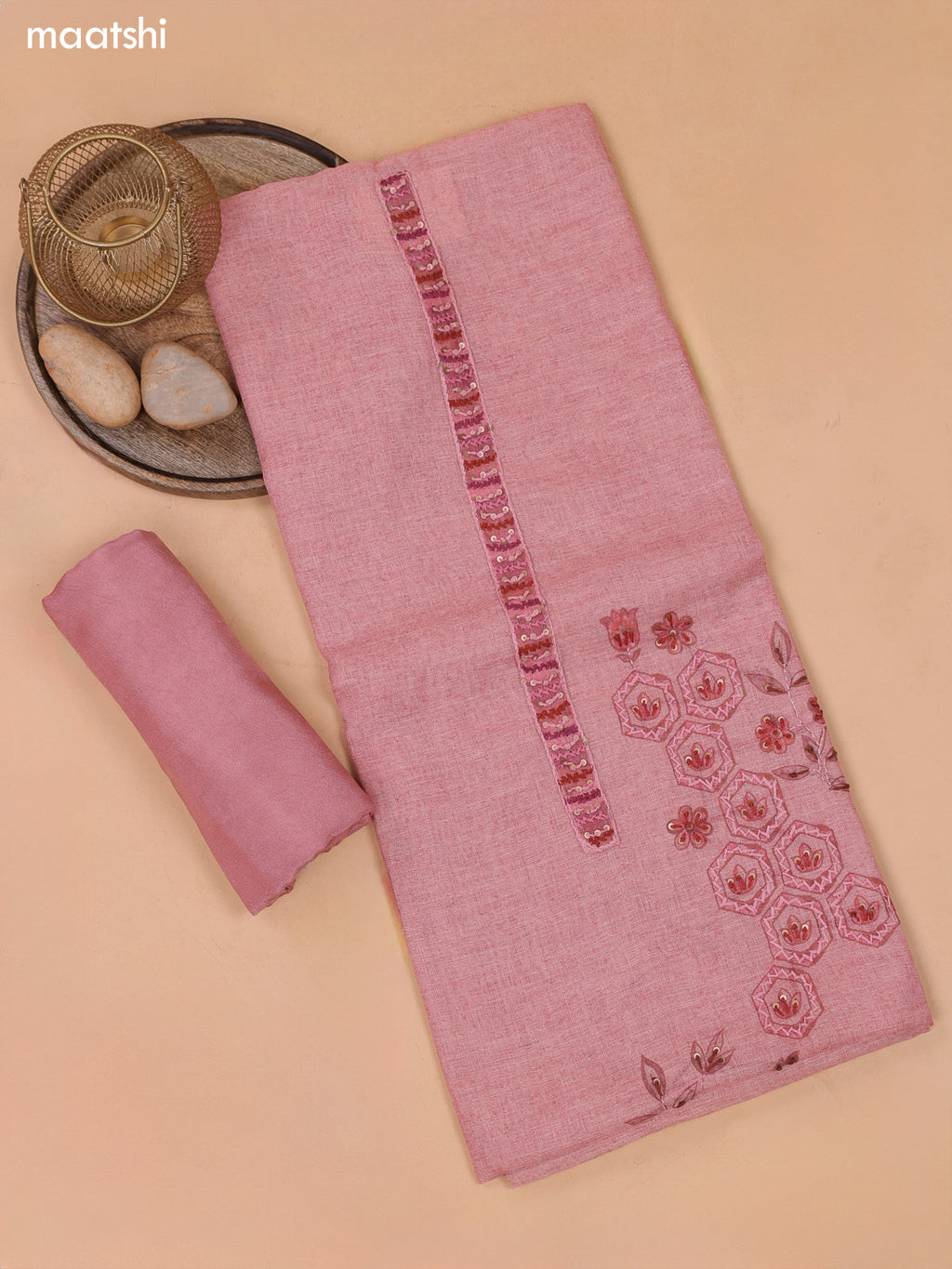 Peach Pink Linen Dress Material With Floral Prints & Simple Embroidery and Bottom & Zari Dupatta