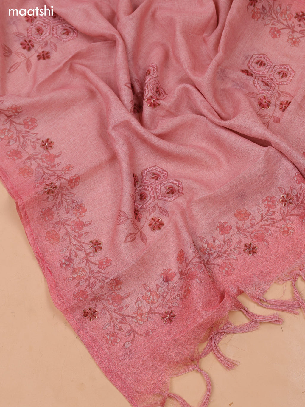 Peach Pink Linen Dress Material With Floral Prints & Simple Embroidery and Bottom & Zari Dupatta