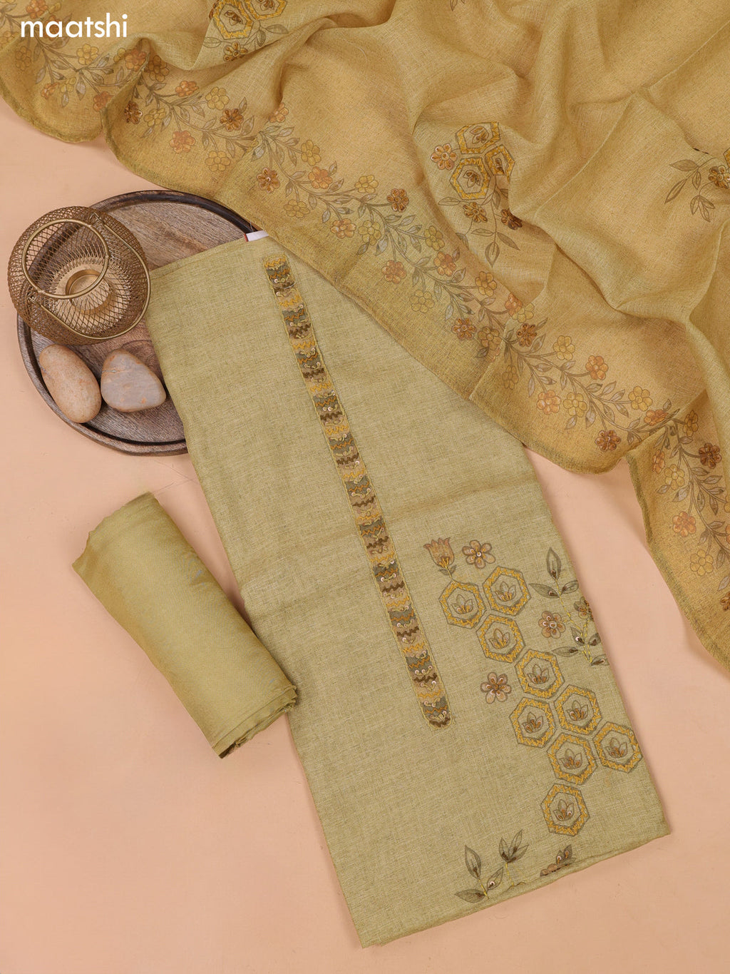 Mustard Green Linen Dress Material With Floral Prints & Simple Embroidery and Bottom & Zari Dupatta