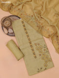 Mustard Green Linen Dress Material With Floral Prints & Simple Embroidery and Bottom & Zari Dupatta