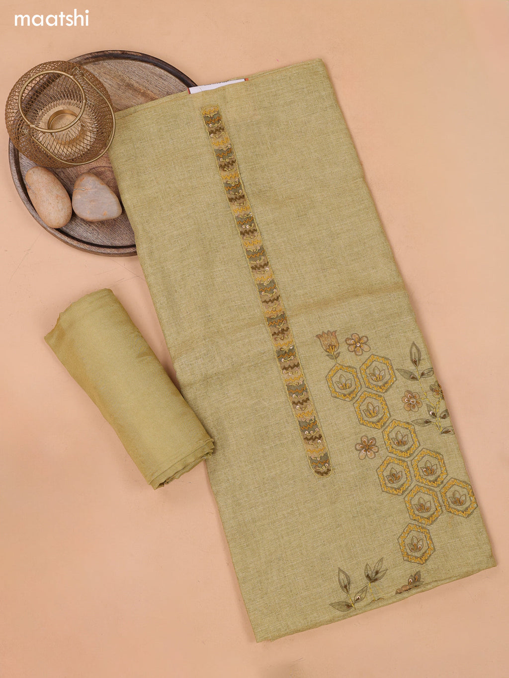 Mustard Green Linen Dress Material With Floral Prints & Simple Embroidery and Bottom & Zari Dupatta