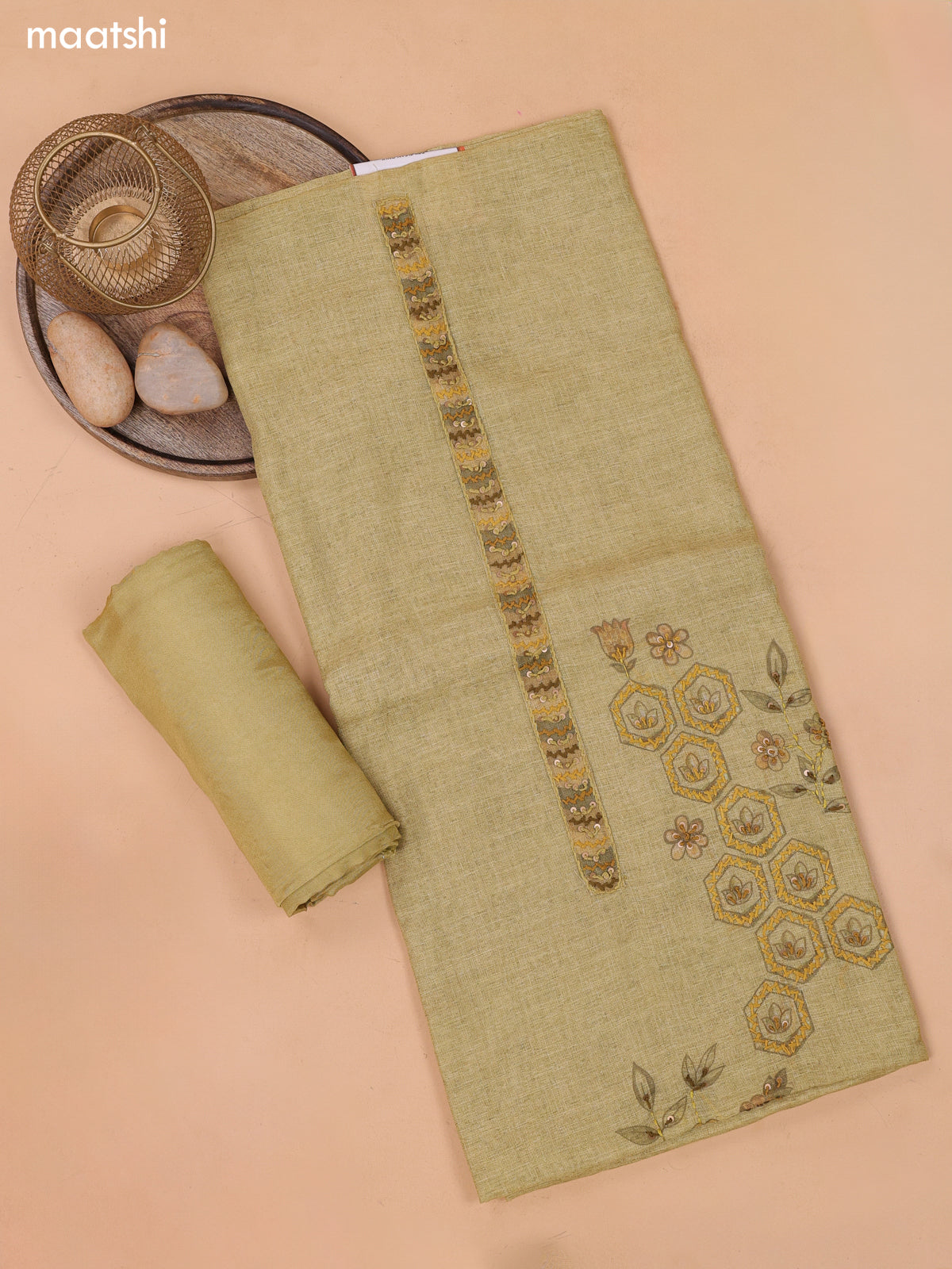 Mustard Green Linen Dress Material With Floral Prints & Simple Embroidery and Bottom & Zari Dupatta