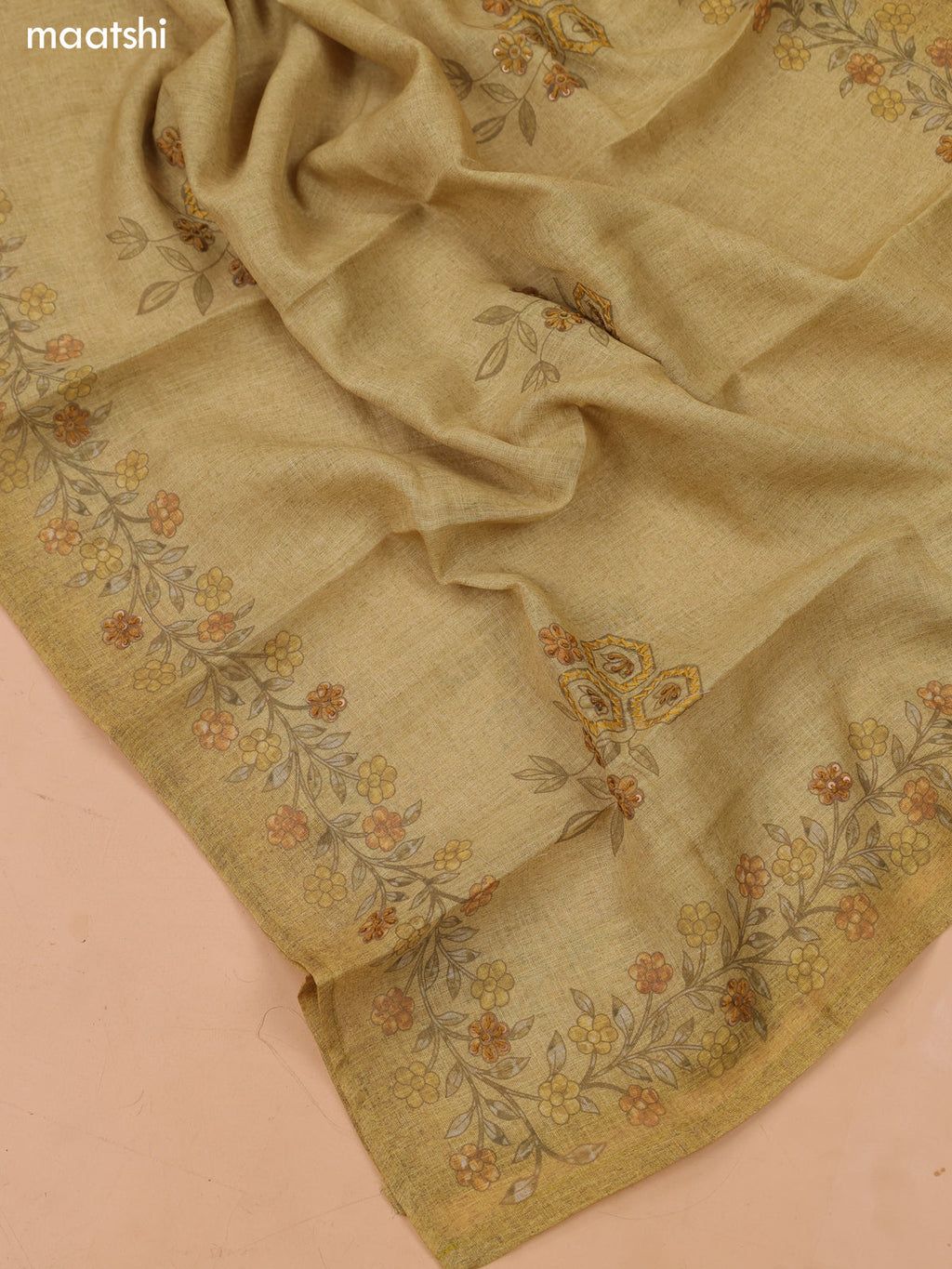 Mustard Green Linen Dress Material With Floral Prints & Simple Embroidery and Bottom & Zari Dupatta