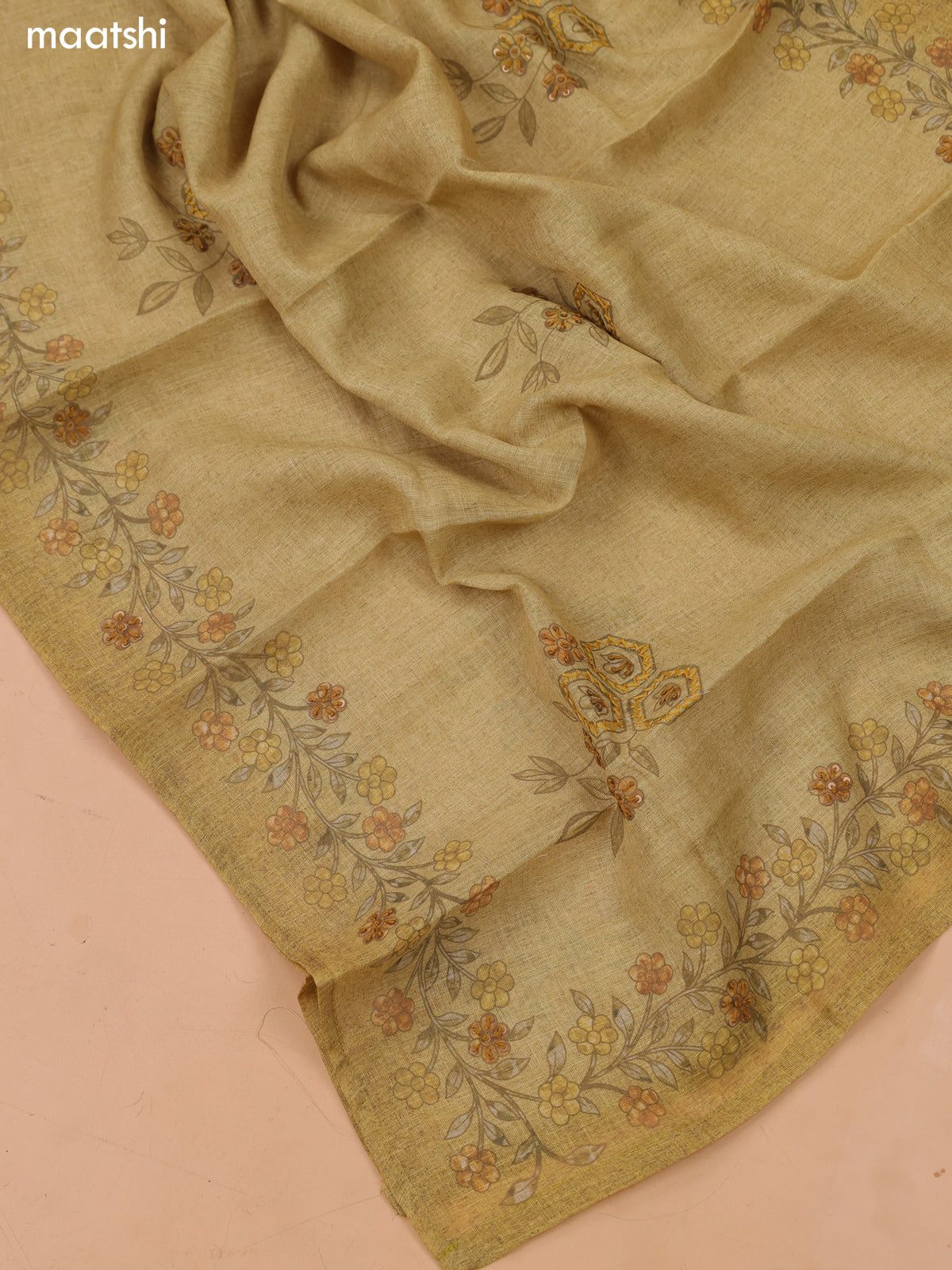 Mustard Green Linen Dress Material With Floral Prints & Simple Embroidery and Bottom & Zari Dupatta