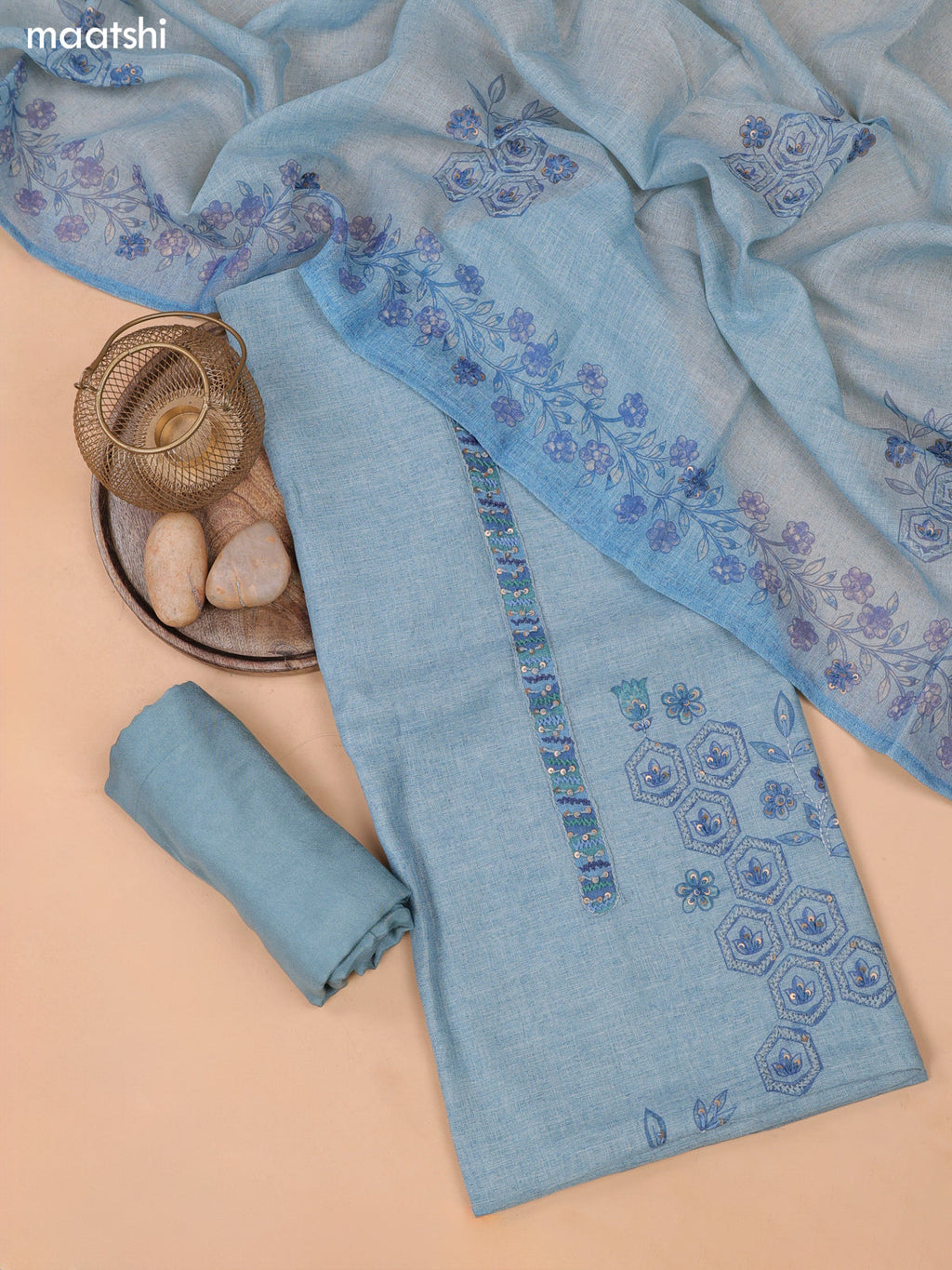 Pastel Blue Linen Dress Material With Floral Prints & Simple Embroidery and Bottom & Zari Dupatta