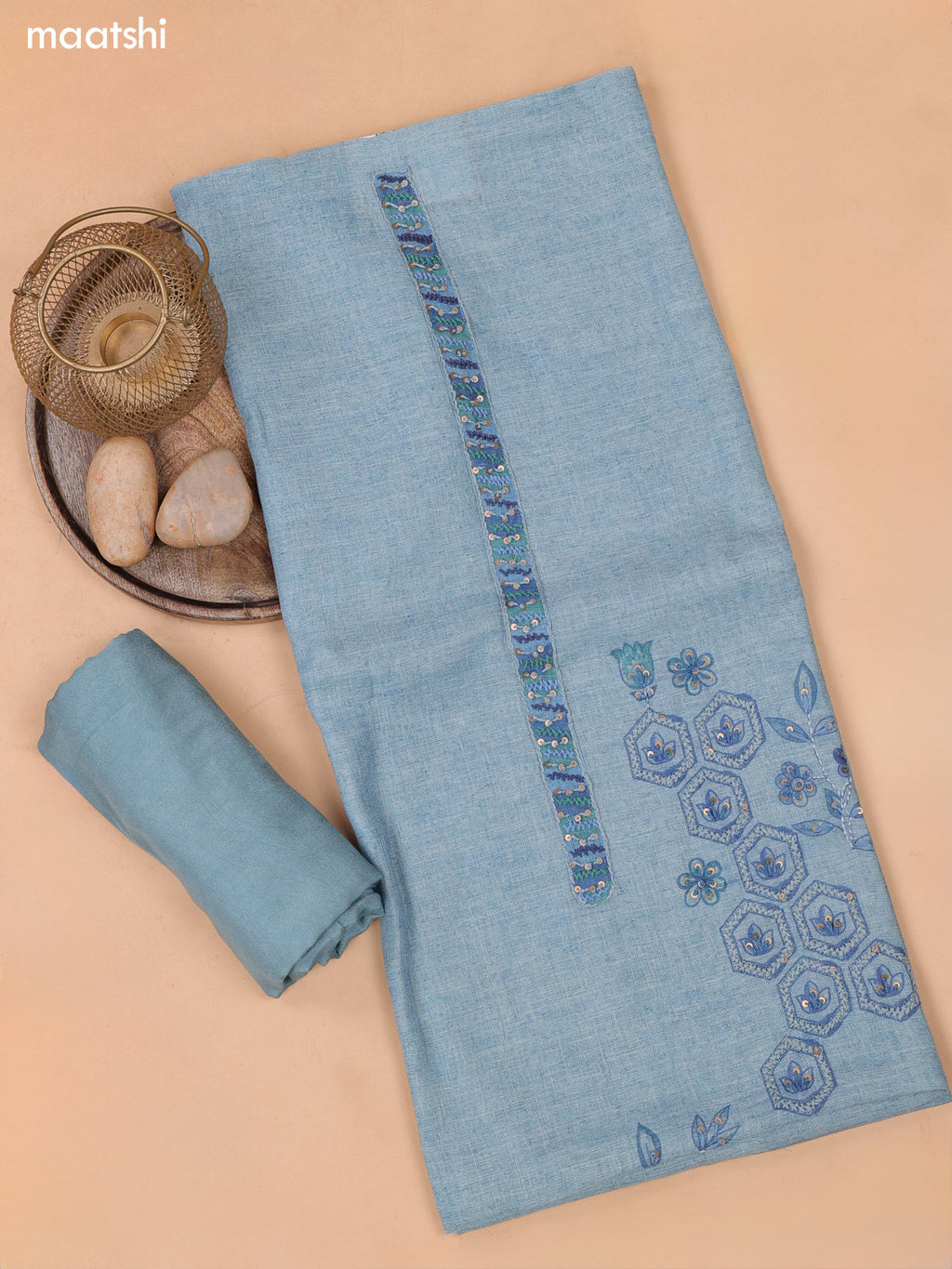 Pastel Blue Linen Dress Material With Floral Prints & Simple Embroidery and Bottom & Zari Dupatta