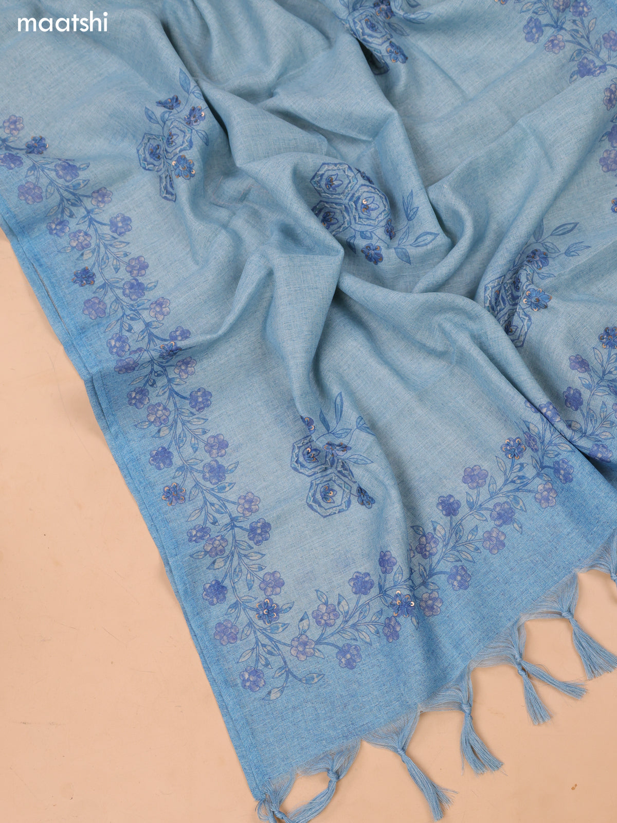 Pastel Blue Linen Dress Material With Floral Prints & Simple Embroidery and Bottom & Zari Dupatta