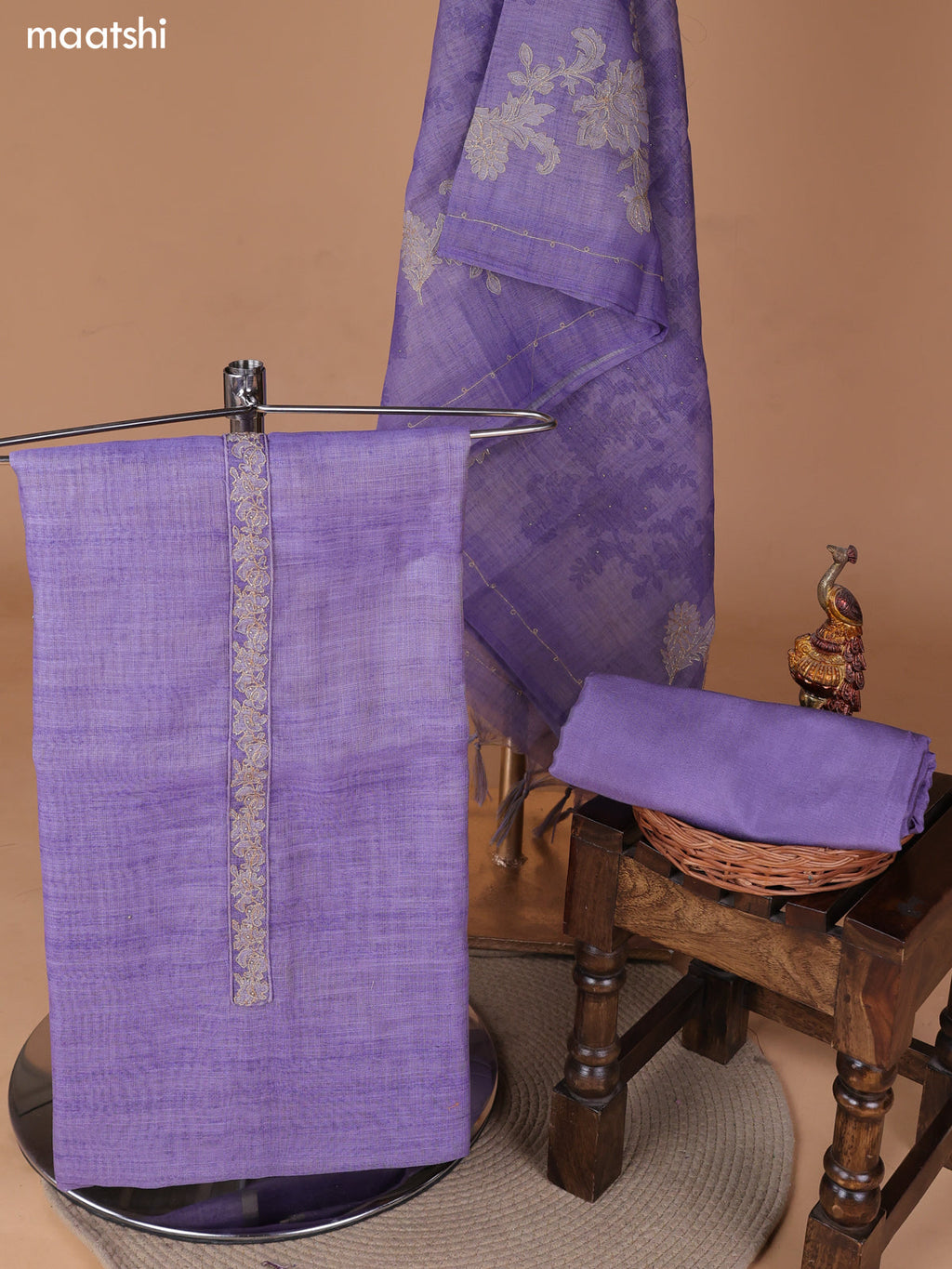 Lavender Tissue Linen Dress Material With Floral Prints & Simple Embroidery and Bottom & Zari Dupatta