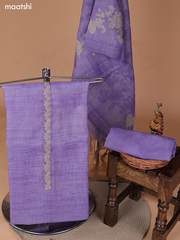 Lavender Tissue Linen Dress Material With Floral Prints & Simple Embroidery and Bottom & Zari Dupatta