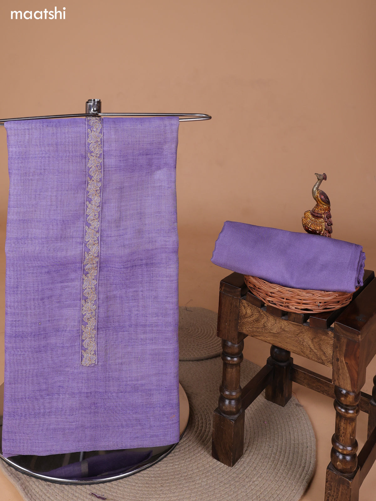 Lavender Tissue Linen Dress Material With Floral Prints & Simple Embroidery and Bottom & Zari Dupatta