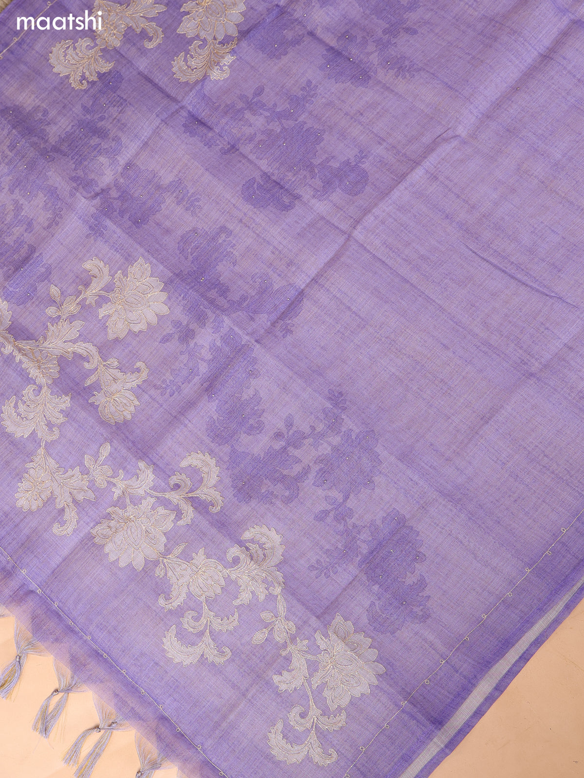 Lavender Tissue Linen Dress Material With Floral Prints & Simple Embroidery and Bottom & Zari Dupatta
