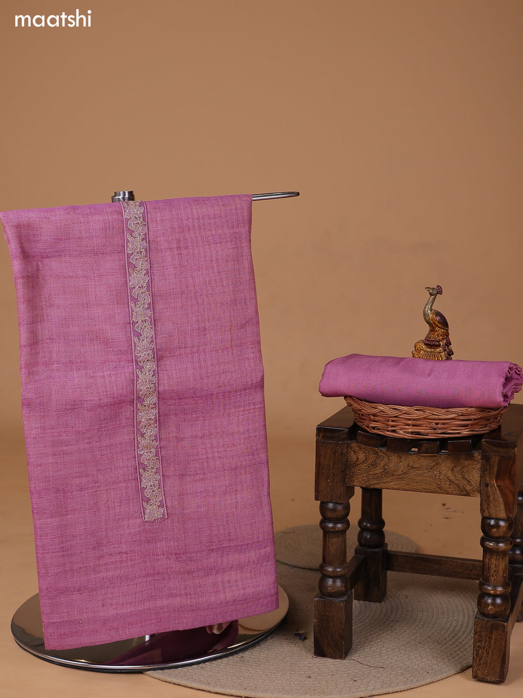 Pink Tissue Linen Dress Material With Floral Prints & Simple Embroidery and Bottom & Zari Dupatta