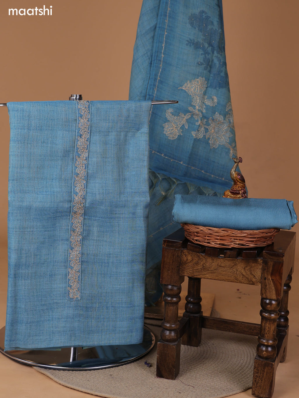 Teal Blue Tissue Linen Dress Material With Floral Prints & Simple Embroidery and Bottom & Zari Dupatta