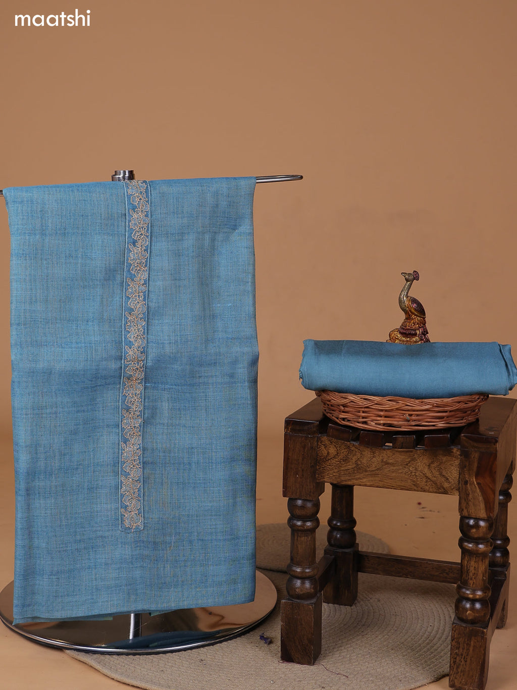 Teal Blue Tissue Linen Dress Material With Floral Prints & Simple Embroidery and Bottom & Zari Dupatta