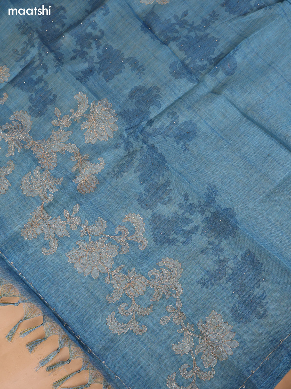 Teal Blue Tissue Linen Dress Material With Floral Prints & Simple Embroidery and Bottom & Zari Dupatta